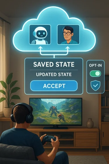 A gamer on the couch uses a controller as a neon cloud UI shows saved and updated state prompts above the TV.