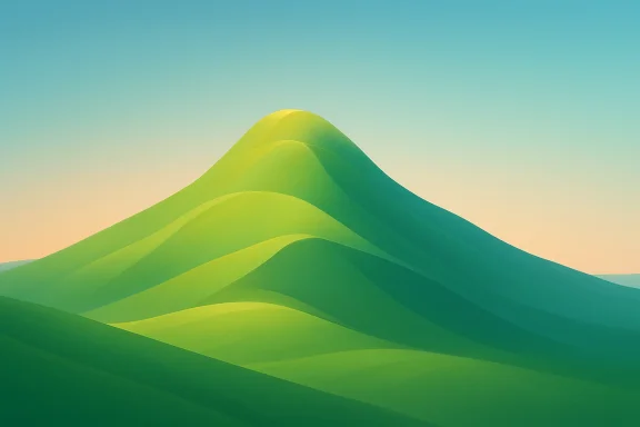Abstract green sand dunes roll under a pastel gradient sky.