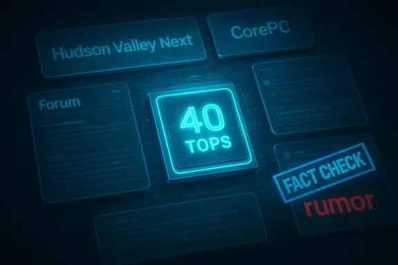 Glowing '40 TOPS' tile at center, surrounded by blue panels labeled Forum, CorePC, and FACT CHECK.