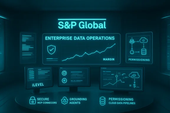 Neon blue dashboard showing S&P Global's Enterprise Data Operations.