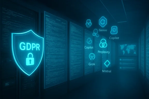 A neon blue data center corridor with a glowing GDPR shield and floating AI logos.