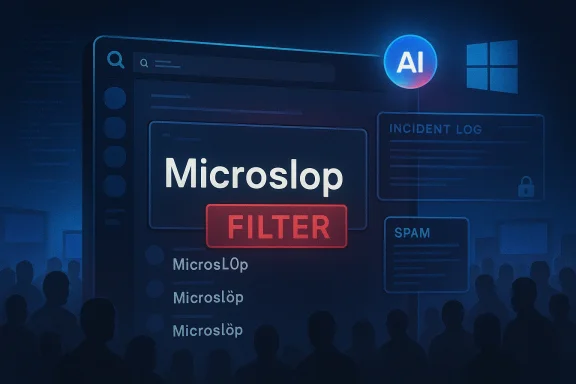 A dark UI mockup featuring “Microslop,” a red FILTER button, AI badge, and a crowd of silhouettes.