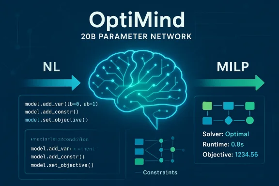 OptiMind: a 20B-parameter network turning natural language into MILP optimization.