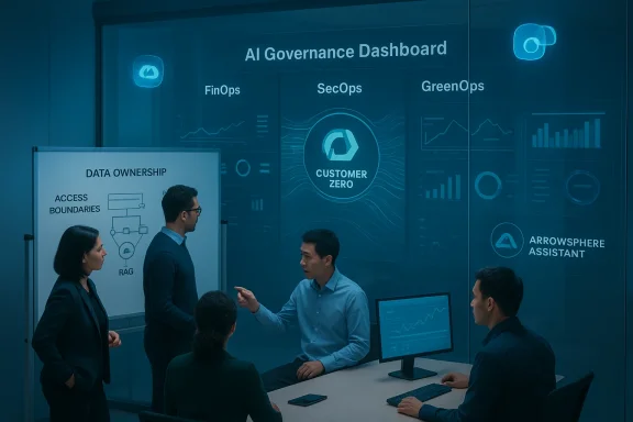 A team of professionals discusses an AI governance dashboard displayed on a glass wall.