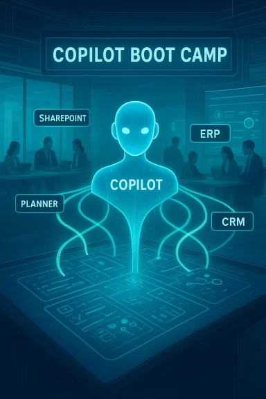 Glowing holographic COPILOT leads a training boot camp with CRM, ERP, SharePoint, and Planner.
