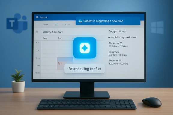 Outlook calendar on a monitor shows Copilot suggesting a new time and a rescheduling conflict.