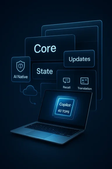 A futuristic laptop projecting glowing UI panels labeled Core, State, Updates, AI Native, and Copilot 40 TOPS.
