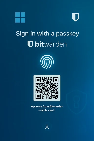 Bitwarden sign-in screen featuring passkey, fingerprint, and QR code login options.