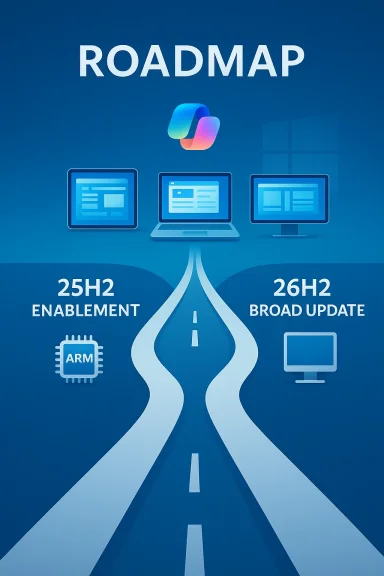 Blue infographic of a roadmap splitting into 25H2 Enablement and 26H2 Broad Update, with ARM icon.