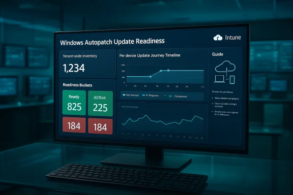 Large monitor shows the Windows Autopatch Update Readiness dashboard with key metrics.
