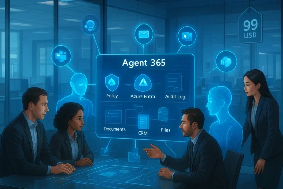 A team reviews a holographic Agent 365 interface showing policy, audit log, documents, CRM, and files.