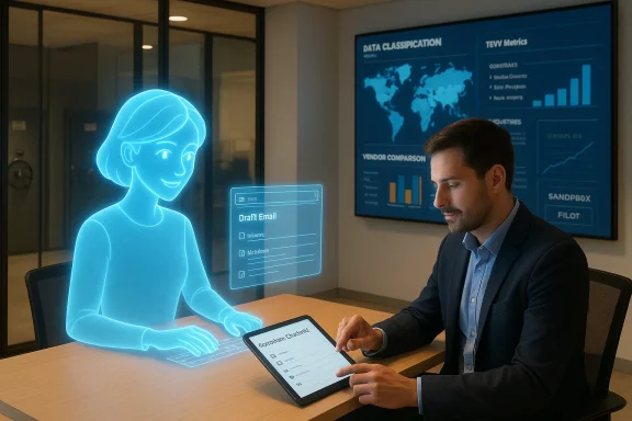 A businessman uses a tablet while a glowing holographic assistant drafts an email.