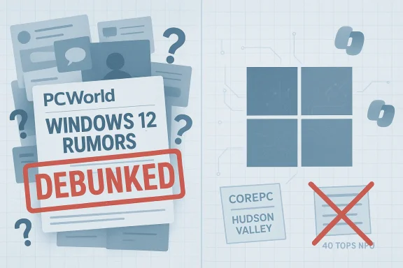 PCWorld debunks Windows 12 rumors with a bold DEBUNKED stamp.