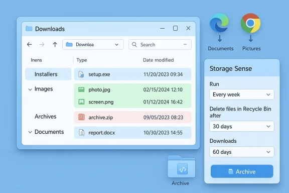 Blue Windows-style file explorer showing Downloads with colorful files and a Storage Sense panel.