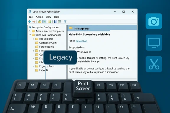 Local Group Policy Editor shows a legacy Print Screen setting on a large keyboard.