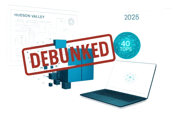 Red “DEBUNKED” sign over blue cubes beside a glowing laptop and a 40 TOPS orb.