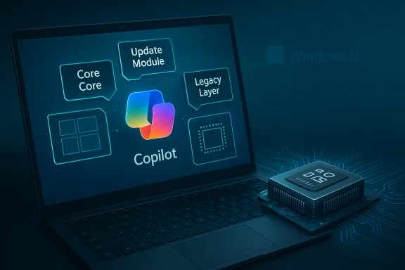 A laptop screen shows Copilot icons (Core, Update Module, Legacy Layer) beside a stacked processor.