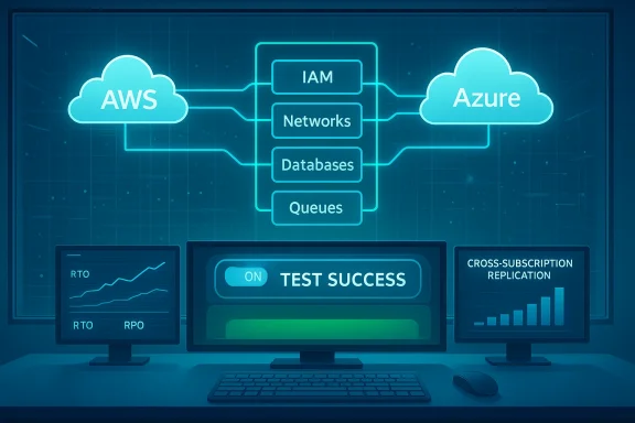 Cloud dashboard showing AWS-Azure integration through IAM, networks, databases, and queues with test success.