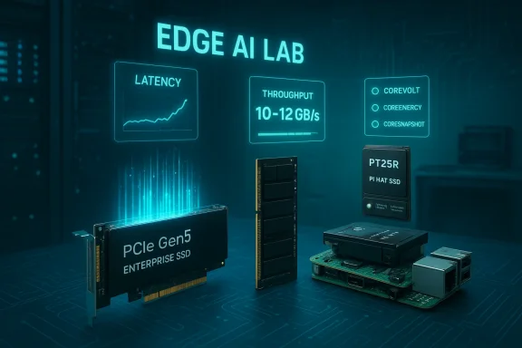 Edge AI Lab: neon HUDs display latency and 10–12 GB/s throughput beside PCIe Gen5 SSDs.