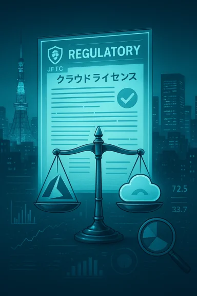 A regulatory document looms over a balance scale weighing cloud data icons against a city skyline.