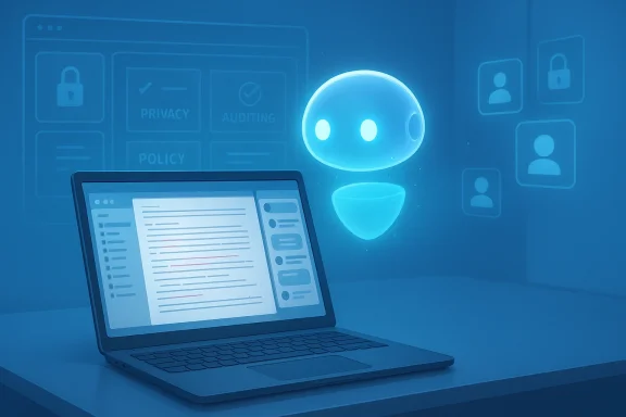 A glowing blue chatbot hovers beside a laptop displaying code, with privacy and security icons in the background.