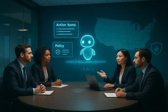 Business team discusses action items and policy with a glowing holographic robot.