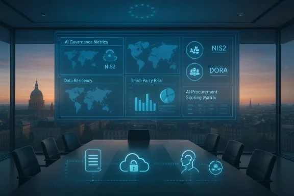 Futuristic boardroom with holographic AI governance metrics over a city skyline.