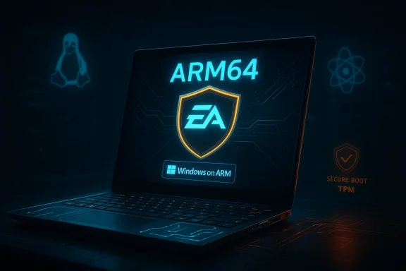A neon ARM64 laptop displays an EA shield with Windows on ARM and security icons.