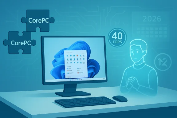 A futuristic blue desktop setup with CorePC puzzle-piece logos and a 40 TOPS badge.