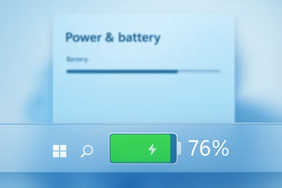 Blue system UI showing a battery at 76% with a green charging icon.