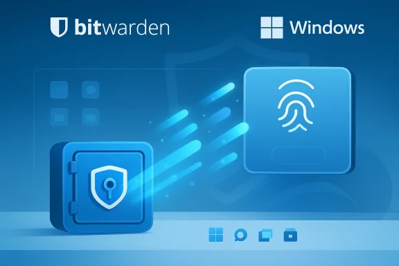Blue Windows-themed illustration of Bitwarden vault with biometric login.