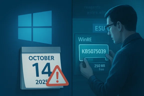 A man interacts with a Windows Recovery Environment screen beside an October 14 calendar with a warning icon.