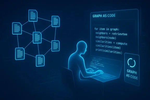 Blue holographic coder working on a graph of connected nodes beside a “GRAPH AS CODE” display.