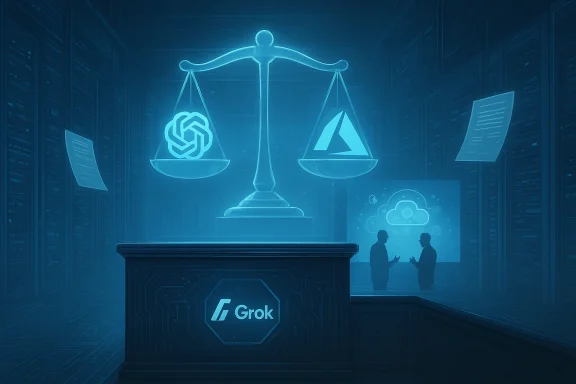Neon blue scales of justice hover above a Grok desk in a data center as two professionals discuss cloud data.