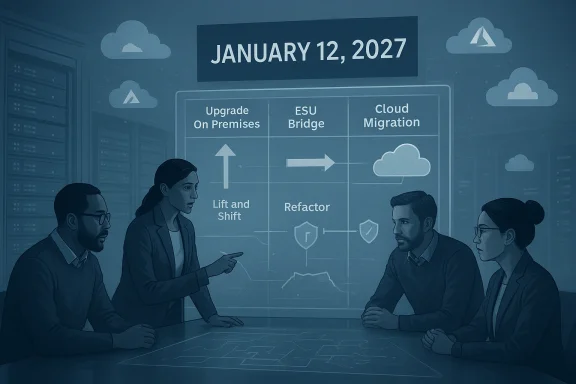 Four professionals discuss a cloud migration and upgrade roadmap for January 12, 2027.