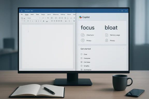 A widescreen monitor shows a split view: Word on the left and Copilot on the right.