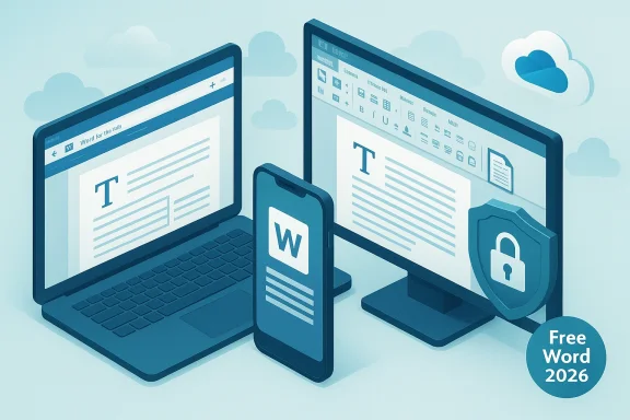 Blue-toned illustration of a laptop, monitor, and phone editing Word documents in a secure cloud.
