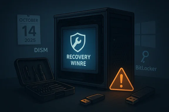 Dim server room scene with a recovery shield, USB drives, and security tools (DISM, BitLocker).
