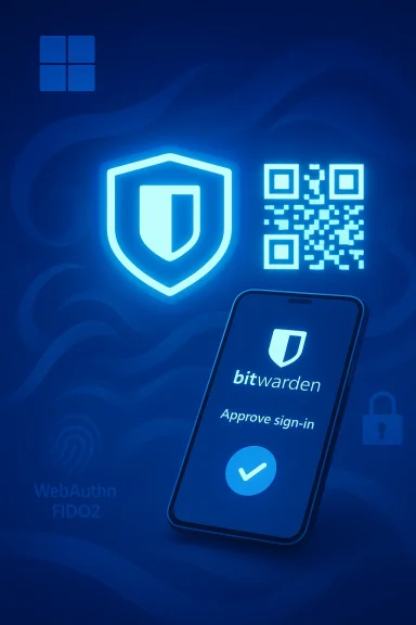 Blue neon illustration of Bitwarden approving sign-in with shield icon, QR code, and smartphone.