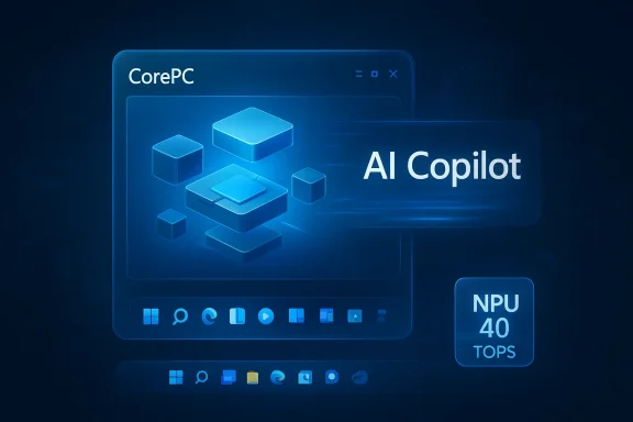 Blue futuristic UI showcasing CorePC AI Copilot and NPU 40 TOPS with 3D blocks.