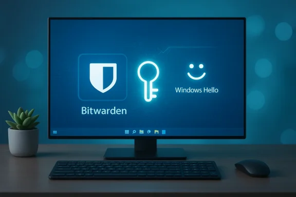A computer monitor displays Bitwarden, a key icon, and Windows Hello on a blue tech background.
