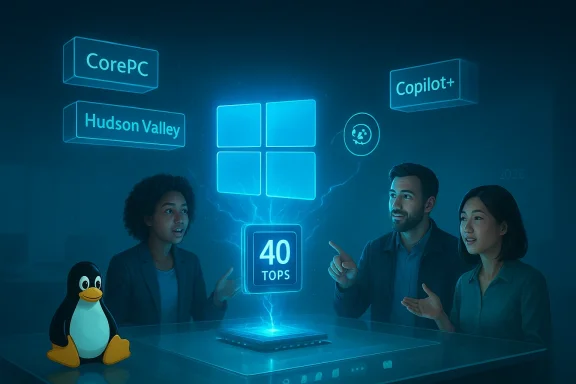 Three professionals review a blue holographic display reading '40 TOPS' with tech logos, beside a penguin plush.