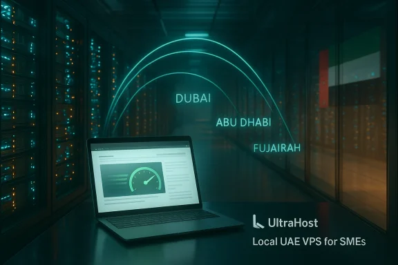 Laptop in a dim data center displays a dashboard under neon UAE city-arc labels.