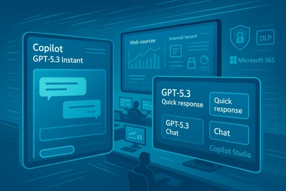 Blue-toned illustration of Copilot GPT-5.3 interfaces and Microsoft 365 tools.