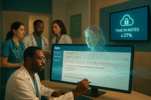 A doctor writes patient notes on a large touchscreen as colleagues discuss in the background.