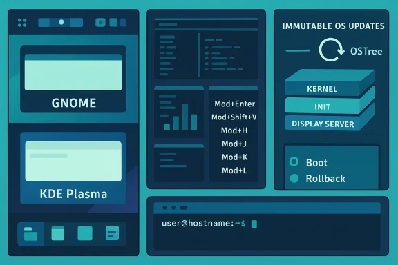 Teal collage of GNOME and KDE Plasma UI elements with code and a terminal prompt.