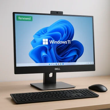 Dell monitor on a desk running Windows 11, with a green 'Renewed' tag.