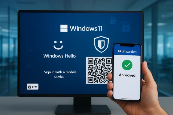 Windows 11 login via Windows Hello with mobile approval and QR code.