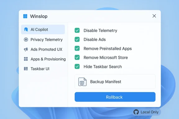 Winslop UI showing AI Copilot active with privacy options and a Rollback button.