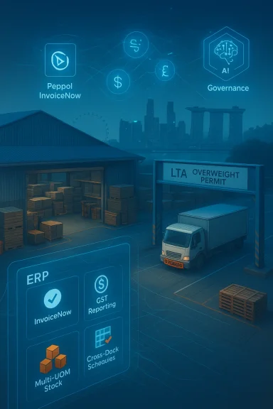 A warehouse loading yard with a truck at the gate, overlaid by ERP and AI governance icons.